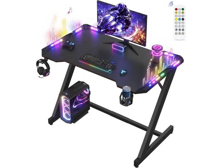 VASAGLE Bureau Gaming Informatique avec LED Forme Z 120 cm