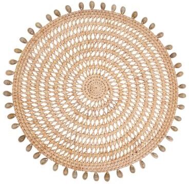 Saro Lifestyle Rattan & Shell Beaded Round Placemats (Set of 4) - Handwoven Natural Fiber Design for Dining, Entertaining & Layered Styling