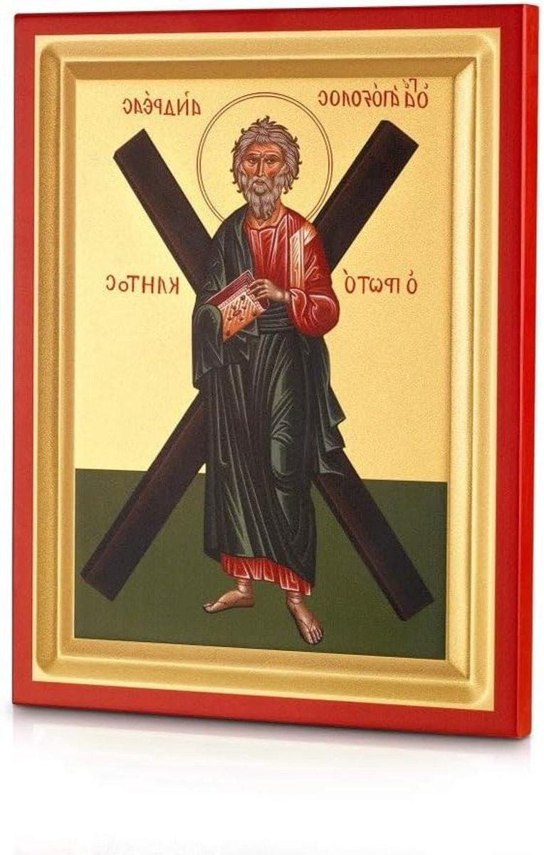 Handgemaakte Orthodoxe Icoon Sint Andreas - Byzantijnse Kunst op Hout - Veelkleurig - 14 x 18 cm