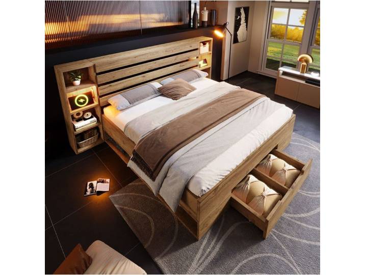 Lit double SENVIRO avec rangement en chene et tete de lit lumineuse 180 x 200