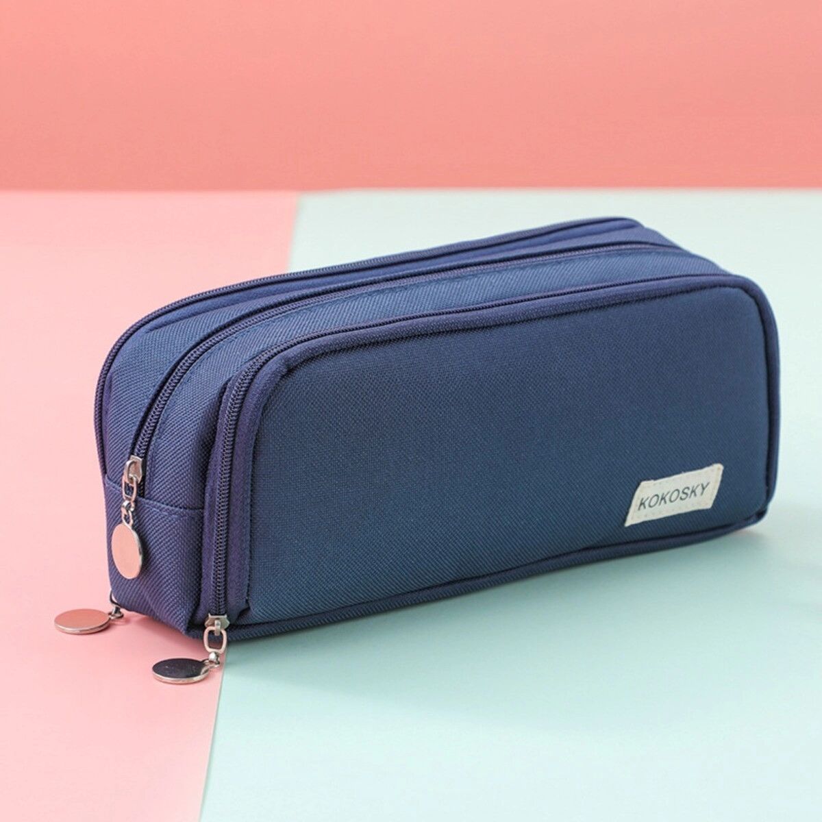 INF Großes Canvas-Federmäppchen mit Doppelreißverschluss und dreilagiger Organisation Navy blau