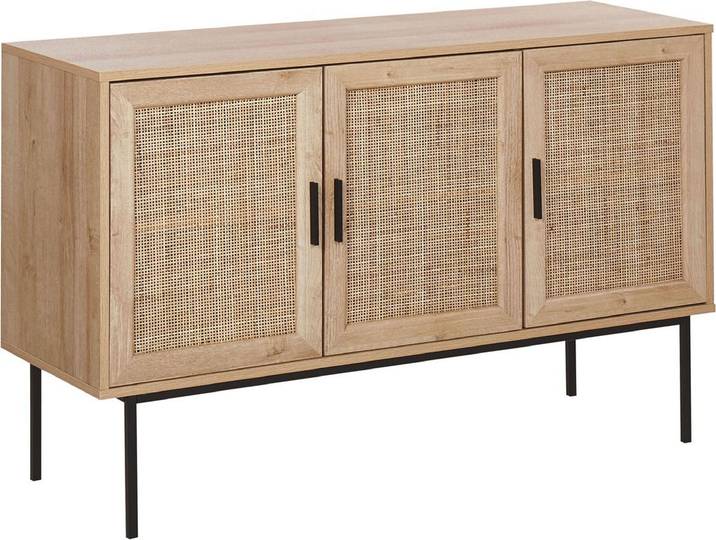 BELIANI Sideboard Heller Holzfarton Schwarze Metallbeine und Handgriffe 76 x 120 x 40 cm Boho Stil Drei Rattan Türen Schlafzimmer Wohnzimmer