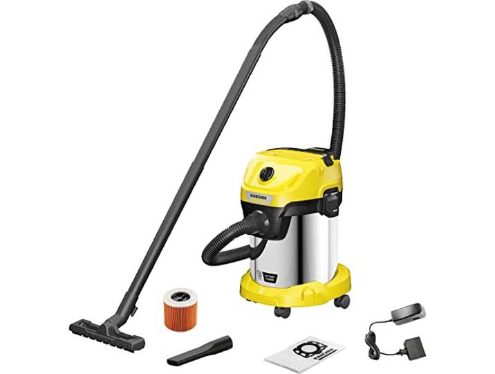 KÄRCHER Aspirateur Eau/Poussières WD 3-18 S Battery Set V-17/20\, Soufflerie\, 270W\, Cuve 17L\, Flexible 2m. Inclus : Filtre Cartouche\, Sacs Non-tissés\, Buses & Fentes. Puissant\, sans Fil et Polyvalent.