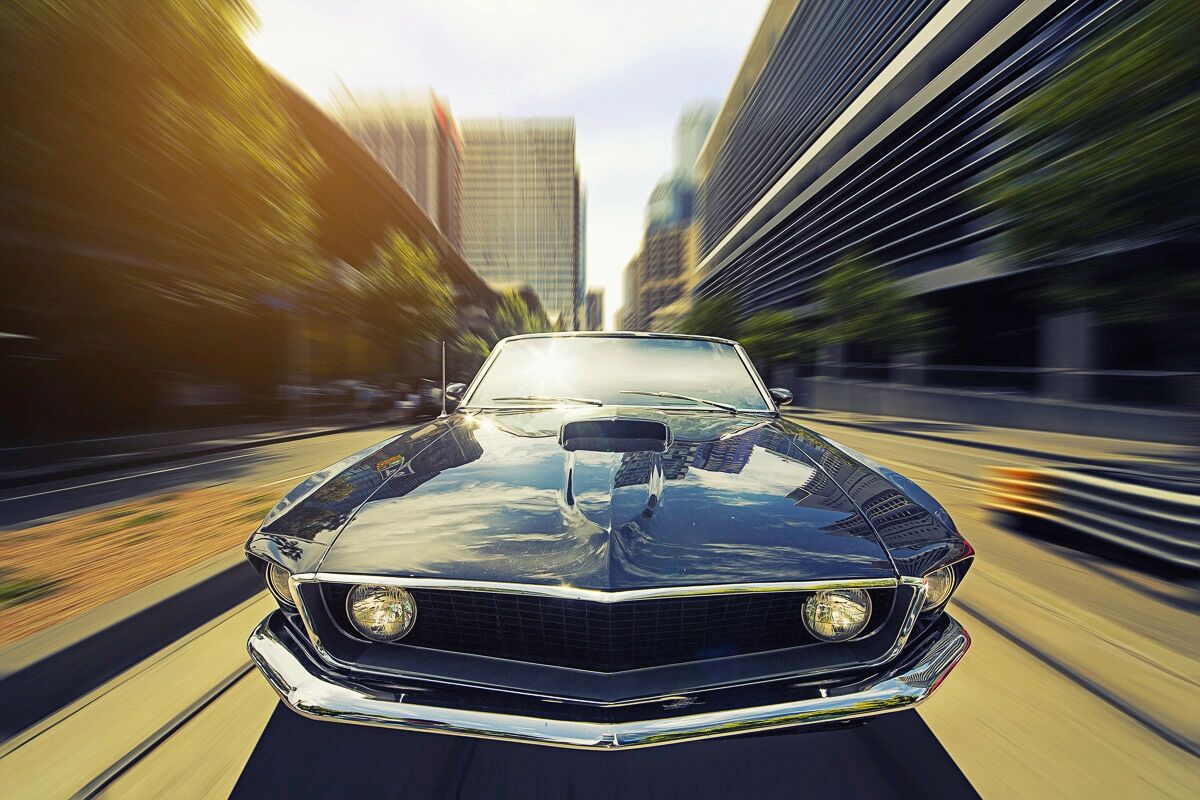 Fototapete PAPERMOON "OLDTIMER-VINTAGE MUSTANG AUTO VINTAGE CARS RACING DEKO", bunt, B:2,5m L:1,86m, Vlies, Tapeten, Fototapete bunt B/L: 2,5m x 1,86m, Bahnen: 5 Stk.