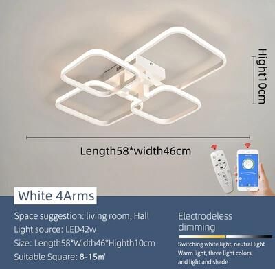Inspire Select Modern Dimmable LED Chandelier Ceiling Light With Remote & App Control Black & White Acrylic Aluminum Fixture 4 Arms White Square dimmable Rc With App