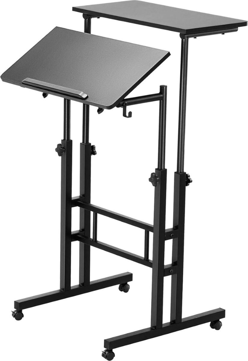 Ergonomisch zit-sta bureau met kantelbaar blad en wielen, zwart