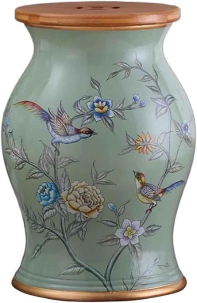 Keramische Tuinkruk Chinese Trommelkruk Bijzettafel met Handbeschilderd Bloemenpatroon Groen Hoogte: 48 cm