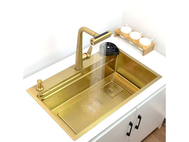 Robinet cascade doré pour évier de cuisine, évier nano en acier inoxydable 304, lavabo simple à montage sur le dessus, robinet de cuisine 4 fonctions