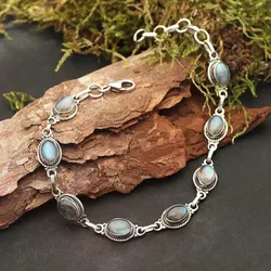 Drachensilber Labradorit Edelstein Armband 925 Silber zart gefasst edler Armschmuck - Silber;Blau