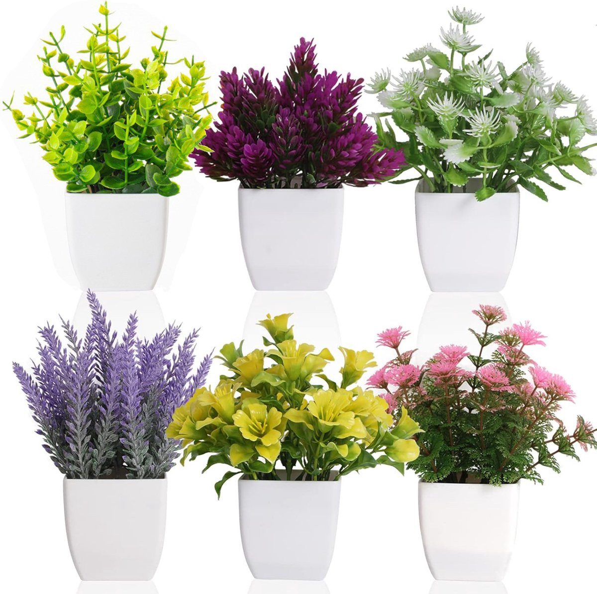 Mrilary Set van 6 Kunstplanten met Witte Pot - Mini Nepgipskruid en Kunstbloemen - Decoratieve Tafelplanten Binnen - Multicolor