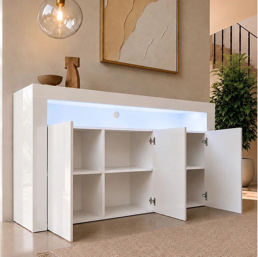 MB Muebles Bonitos Aparador para Salón comedor en Blanco con LED 155x37x91,5cm Aker