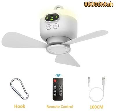 Uplift Essentials Rechargeable Camping Ceiling Fan With Remote Control, LED Light, And 8000mAh Battery white Pro
