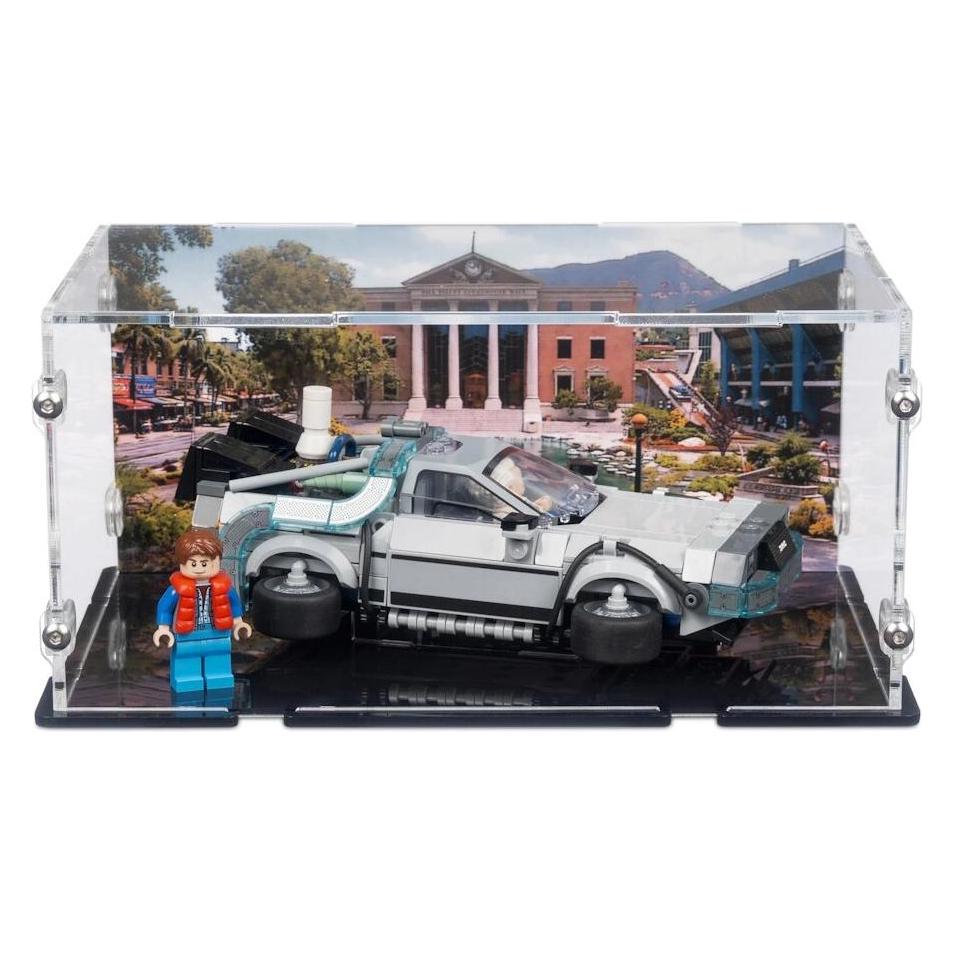 iDisplayit Acryl-Display für LEGO 77256 Zeitmaschine mit Uhrenturm Hintergrund & 2in1 Ständer (QEC211310N-BLK-DP01)