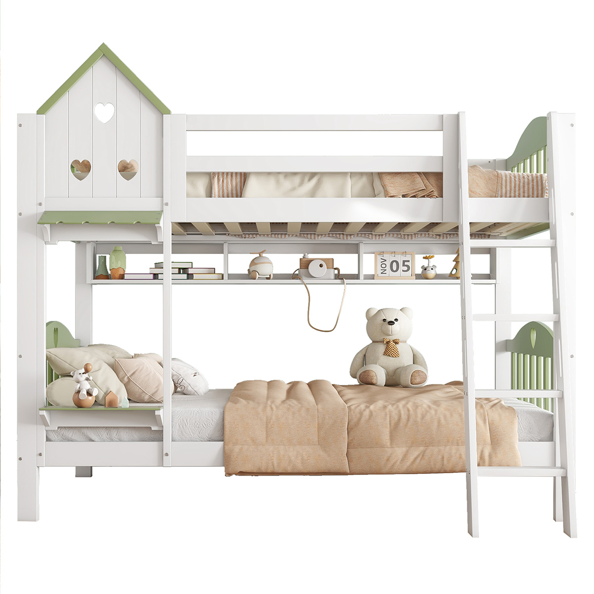 Kinderbett mit Fallschutz Gitter Dach und Fenster Etagenbett Hausbett Jugendbett 90x200cm Weiß+Grün
