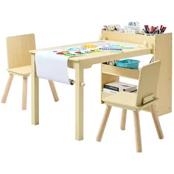 VEVOR Kindertisch mit 2 Stühlen & 3-stöckigem Aufbewahrungsschrank, Maltisch Set zum Lesen Lernen Zeichnen Schreiben, Kindersitzgruppe Kindertagesstätte, Basteltisch Schreibtisch, helles Holz