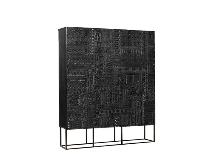Massives Design Highboard/Vitrinenshcrank „Jeroglifico“ Mangoholz Dunkelbraun, Schwarz 3-türig - 135 x 120 cm Giner & Colomer