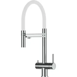 3 Wege Wasserhahn Küchenarmatur, Edelstahl Massiv mit 360° schwenkbarem Auslauf, abnehmbare 2 strahl Handbrause, Hochglanz / Weiß