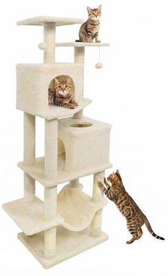 Costway 57 Inch Cat Tree with Dual Condos and Hammock and 2 Dangling Balls-Beige