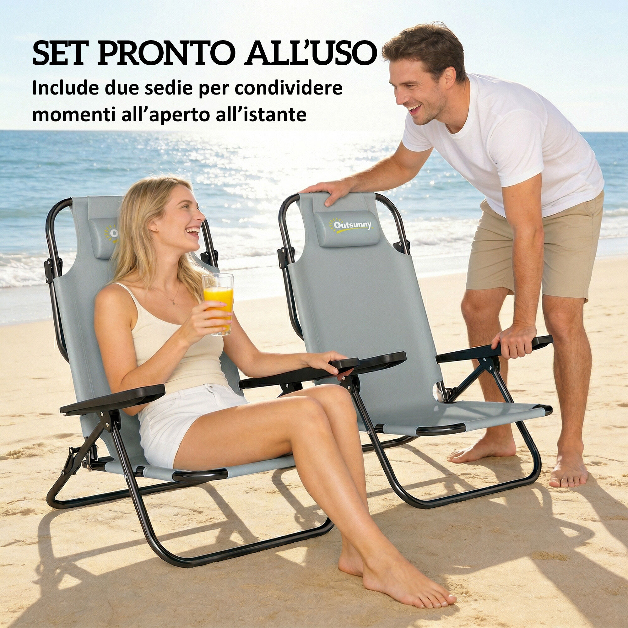 Altro Set Di 2 Sedie Campeggio Portatili, Spiaggia Pieghevoli, Schienale Regolabile, Grigio Chiaro.