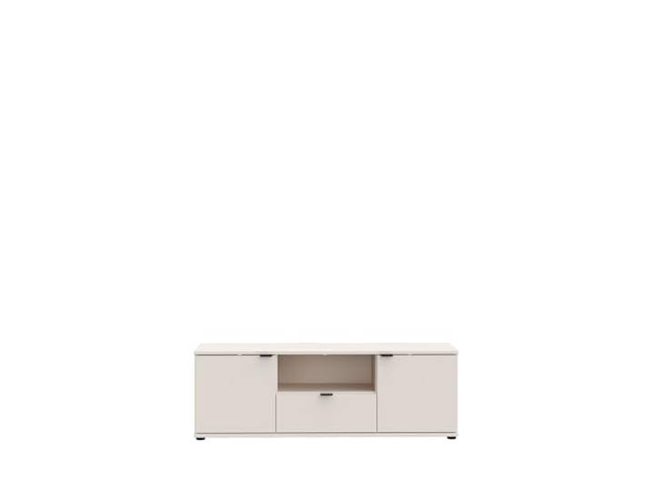 möbelando Lowboard >Ganymede< mit großzügigem Stauraum, sandfarbig, mit Schublade, 2 Türen & offenem Fach, Kabeldurchlässe, stabile Metallgriffe, 129,8x43,9x41,3cm (BxHxT)