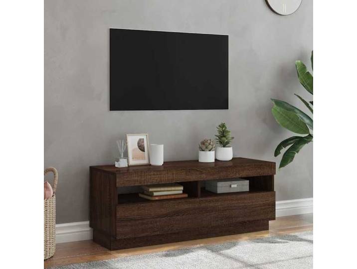 Meuble TV LED chêne marron 100x35x40 cm éclairage intégré meuble télé design classique