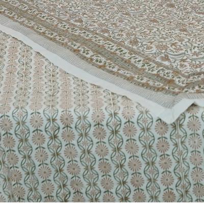 Fabdivine Luxury Hand Block Print Cotton Quilt Floral Boho Bedding for Bedroom & Sofa, Green Gray, Handmade Reversible Bedspread