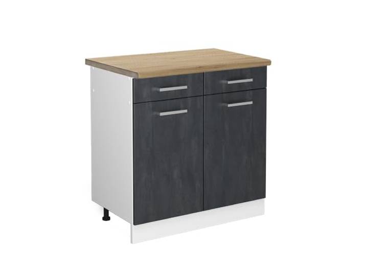 Vicco Küchenunterschrank R-Line, Schwarz Beton, 80 cm 2 Schubladen · Arbeitsplatte Eiche · Höhenverst. Füße · 2 Türen · Leichter Zugriff
