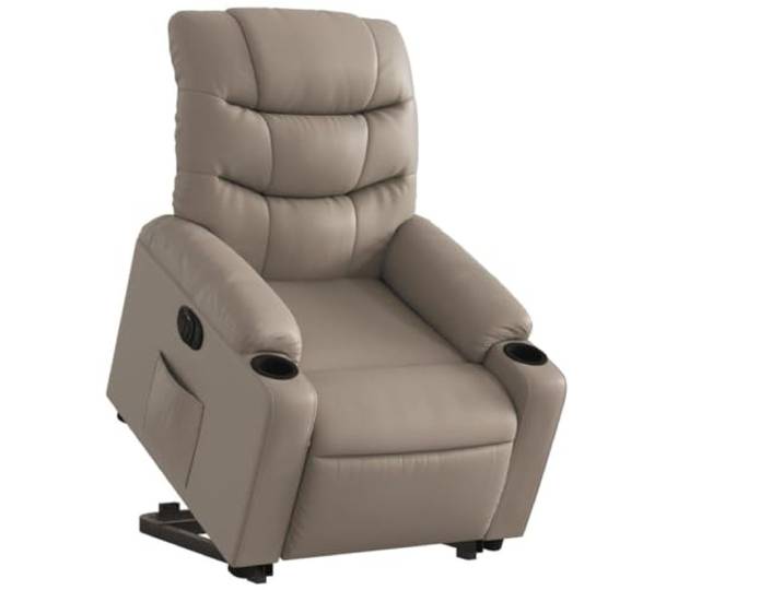Relaxsessel mit Aufstehhilfe Elektrisch Cappuccino Kunstleder Elektromotor für Aufstehen und Liegen, bis 135 Grad Neigung, Seitentasche, Holz-und-Metall-Rahmen, 110 kg