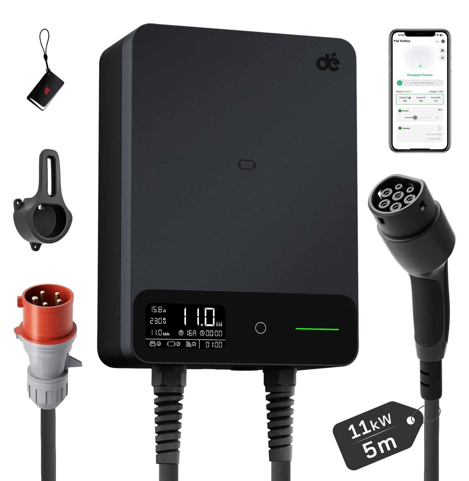 Wallbox für Elektroautos - Typ 2 - 11 kW - 6-16 A - 3-phasig - WLAN-App-Steuerung - 5 m - Schwarz