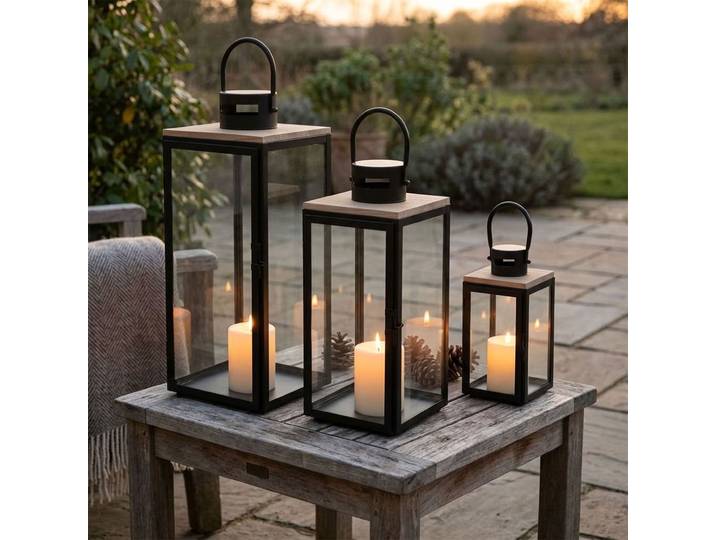 Laternen 3er Set aus Holz & Metall, schwarz