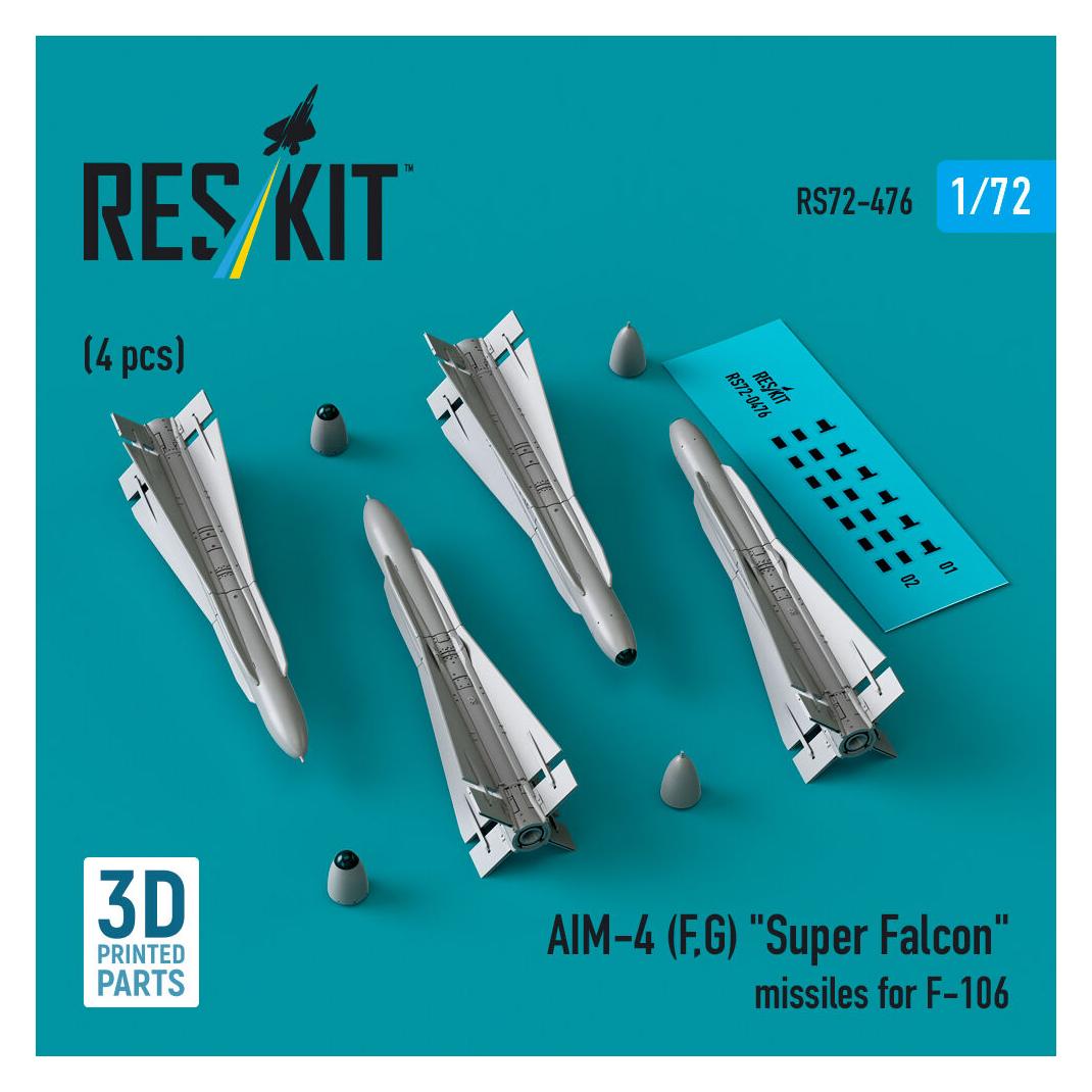 ResKit AIM-4 (F, G) Super Falcon missiles for F-106 (4 pcs) (3D Printed) (RS72-0476)