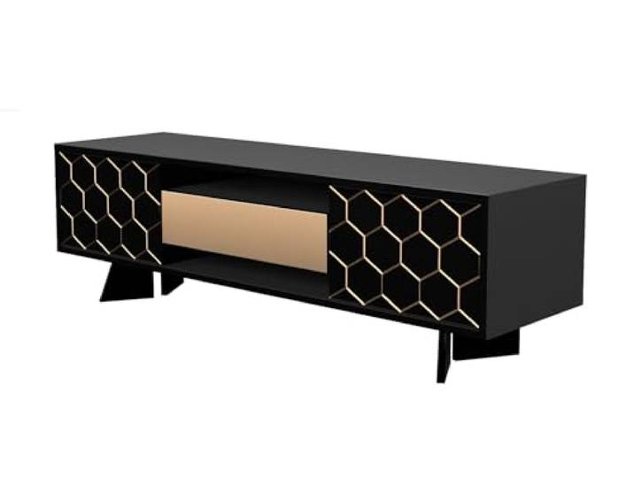 BDW Kommode, RTV Schrank, Schwarz/Gold, TV Gerät, 139x35x42cm(H) viel Stauraum, Kleiderschrank, Diele, Wohnzimmer, Schlafzimmer Kommode, Multifunktionsschrank, sechseckiges Muster