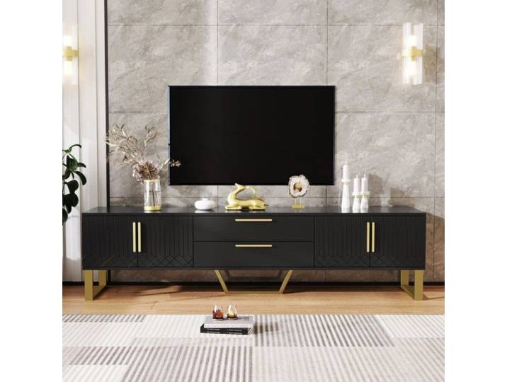 Meuble TV laqué brillant 170cm poignées et pieds dorés portes texturées gravées rangement salon élégant luxe et fonctionnalité
