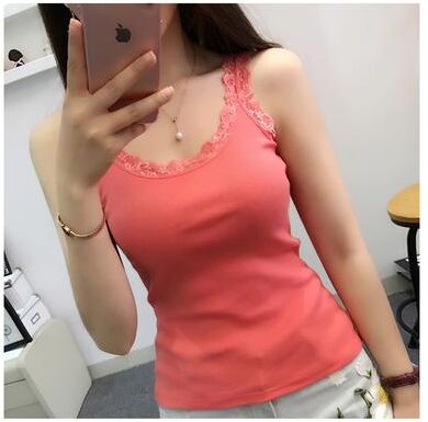 Retailers Go Women's Black Summer Tank Top, Lace Camisole Vest With Red Inside Wear, Sleeveless Loose Fit watermelon Red