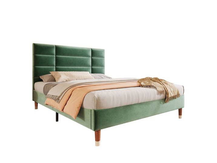 Lit double vert 140×200 cm sommier inclus tête de lit rembourrée structure solide montage nécessaire