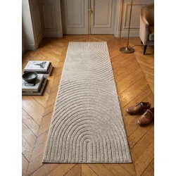 Hochflorteppich Organische Bögen mit 3D-Effekt Beige 80x250 cm Waschbar