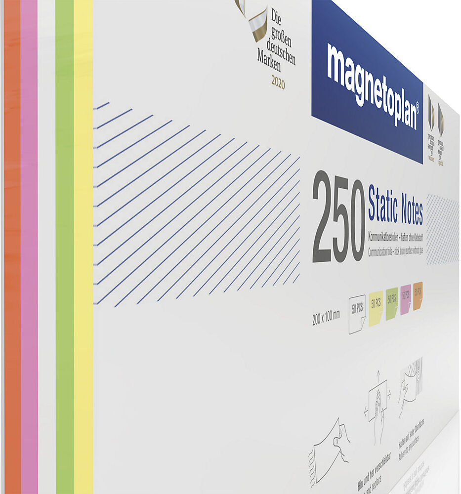 Static Notes Haftnotizen, VE 250 Stk, farbig sortiert, HxB 200 x 100 mm magnetoplan