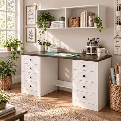 FUFU&GAGA "63"" Craft Table with 8 Drawers Storage,Large Craft Desk with Wall-Mounted Open Shelf,DIY Craft Room Workstation"