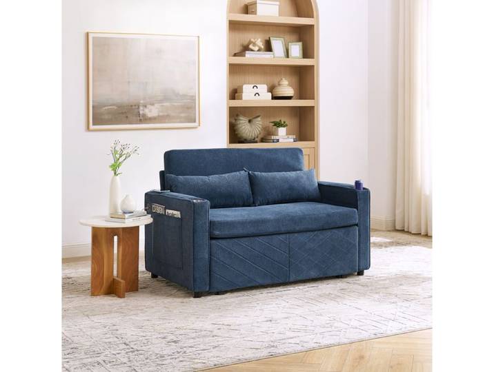 Canapé 2 Places Tissu Bleu Marine Sofa-Lit 3 En 1 FloraGrace Pour Salon Système Coulissant 134x82x73cm