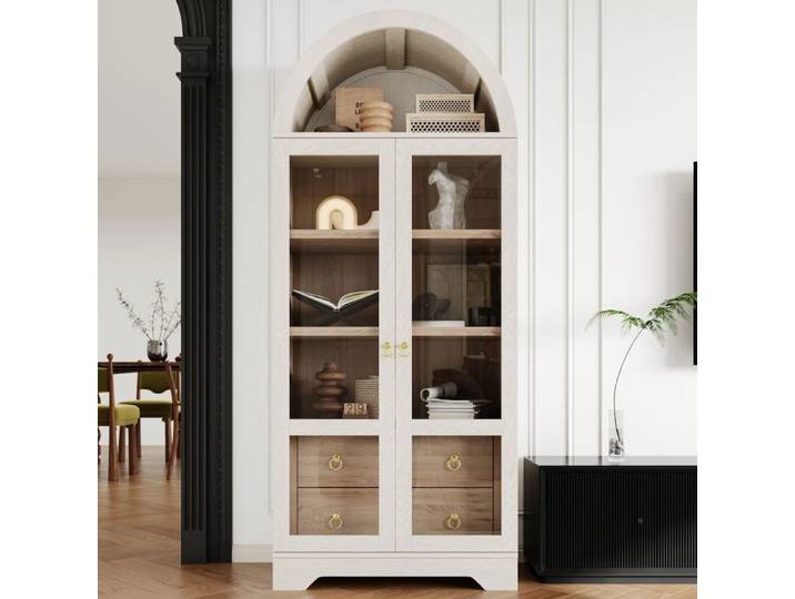 Vitrine-76.2x40.1x180cm-Blanc-Meuble de rangement vitré pour salon et salle à manger