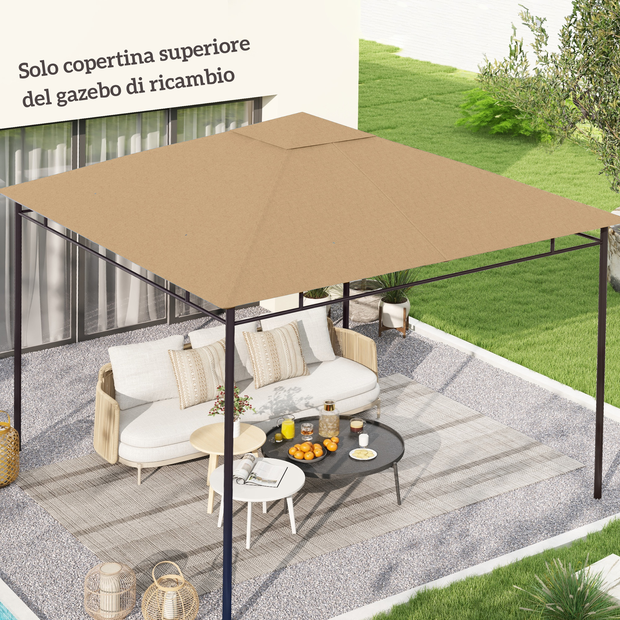 Outsunny Tetto di Ricambio per Gazebo 3x3m in Poliestere con Prese d'Aria e Fori di Drenaggio, Beige