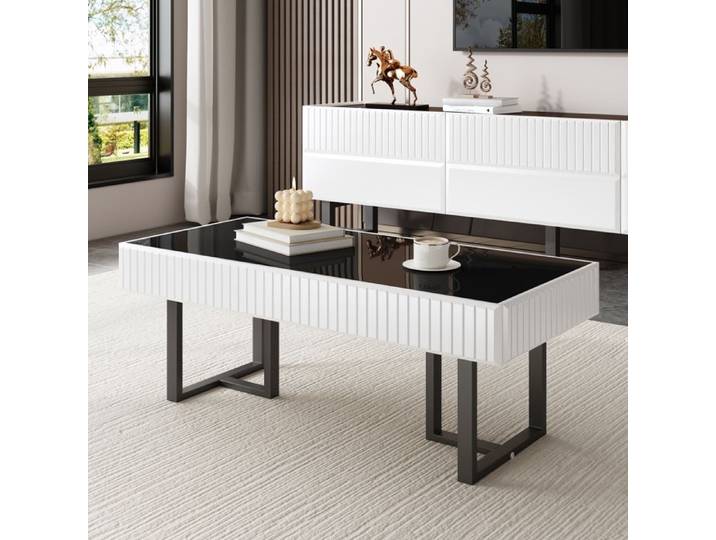 Table basse design 110 cm noir/blanc brillant - Style moderne et classique plateau laqué - Pour salon élégant et fonctionnel