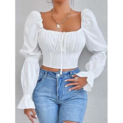 Damen Wickel-Crop-Top Elegant Langarm U-Ausschnitt Crop Tops Schwarz Weiß Sommer Frühling