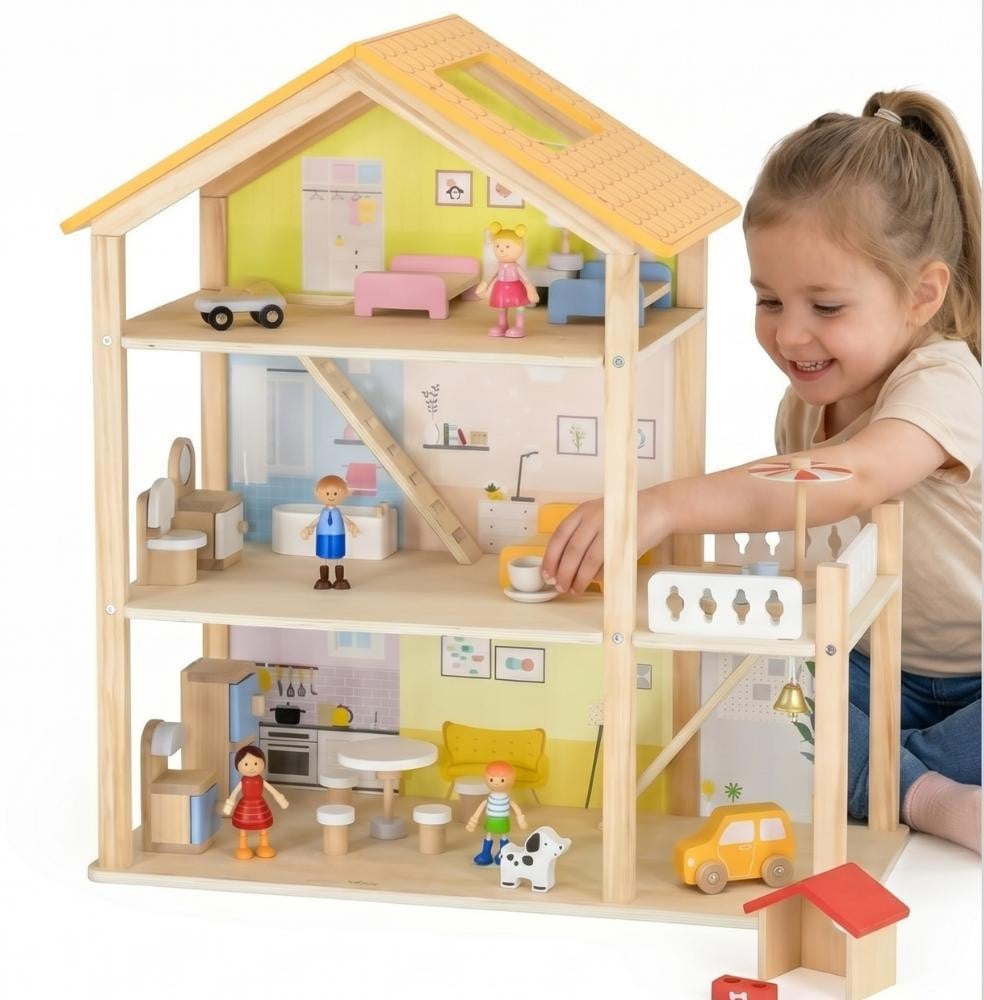 Vigatoys houten poppenhuisset met poppen en accessoires