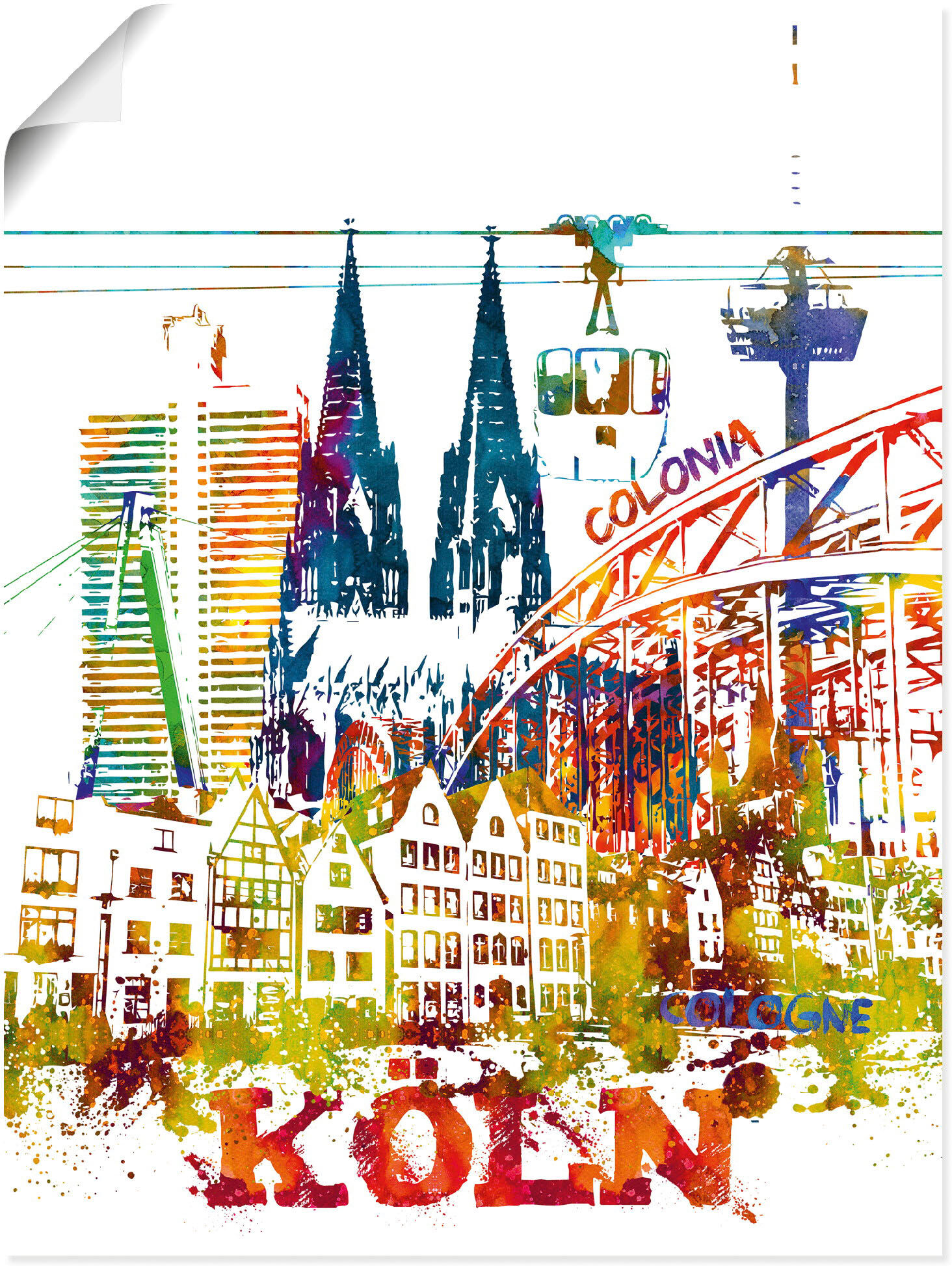 Leinwandbild ARTLAND "Köln Dom Grafik", bunt (farbe bild(er): bunt1), B:60cm H:80cm, Bilder, Leinwandbild, auf Keilrahmen gespannt farbe bild(er): bunt1 B/H/T: 60cm x 80cm, Poster Köln Hochformat, 1 Stk.