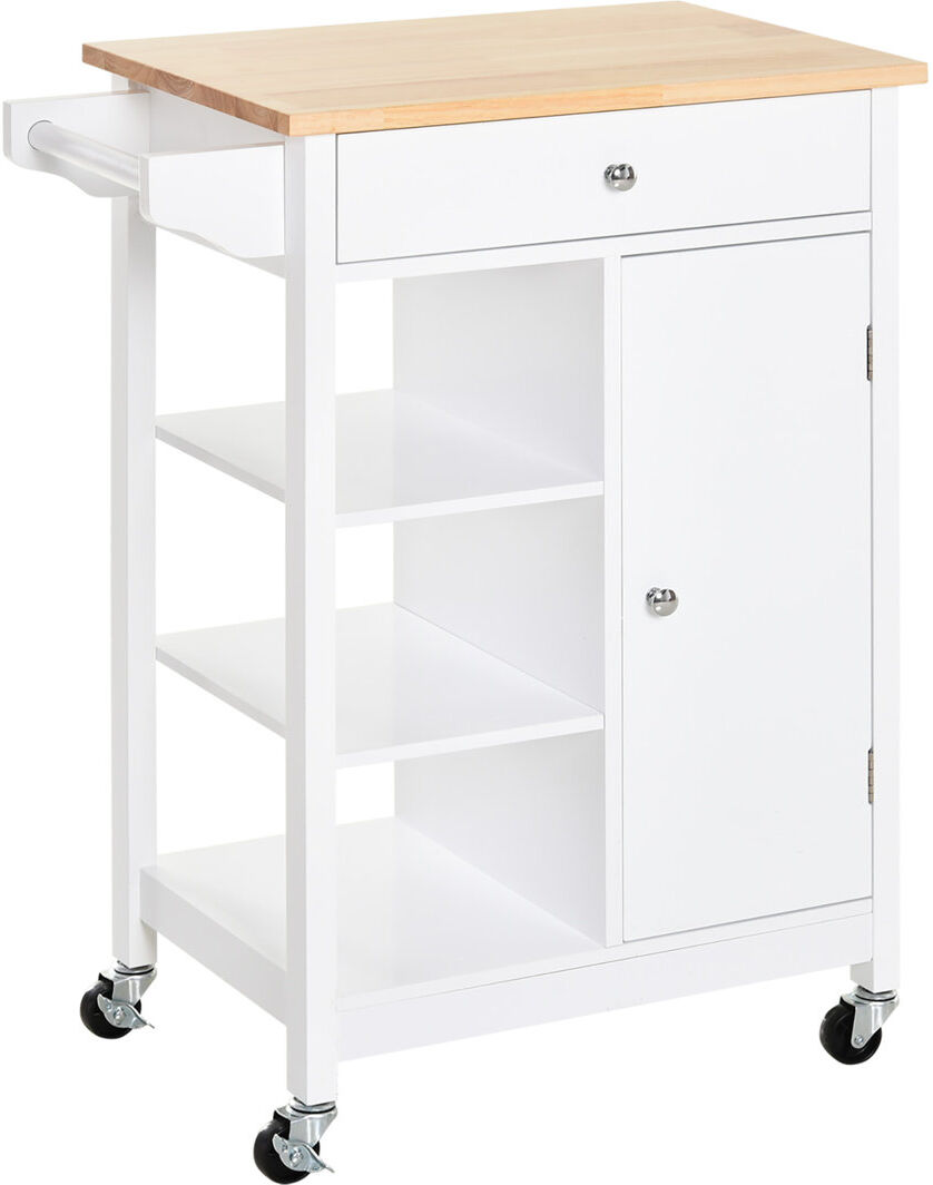 August Grove Richards Kitchen Storage Trolley Unit Wood Top Shelves Cupboard Drawer Rail White White 86.5cm H X 66cm W X 39.5cm D