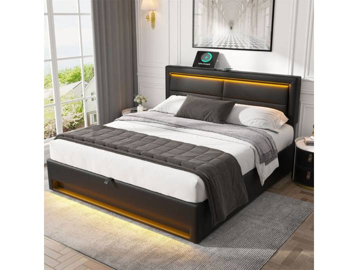 Lit rembourré 140x200cm - GUTENT - Noir - Port USB - Éclairage LED - Rangement intégré