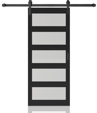 Klair Living 5-Lite Tempered Frosted Glass Black MDF Interior Sliding Barn Door with Hardware Kit