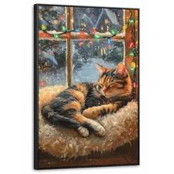 LEINWAND Bilder mit Rahmen - Katze - Weihnachten - Winter - Tier - 60x90