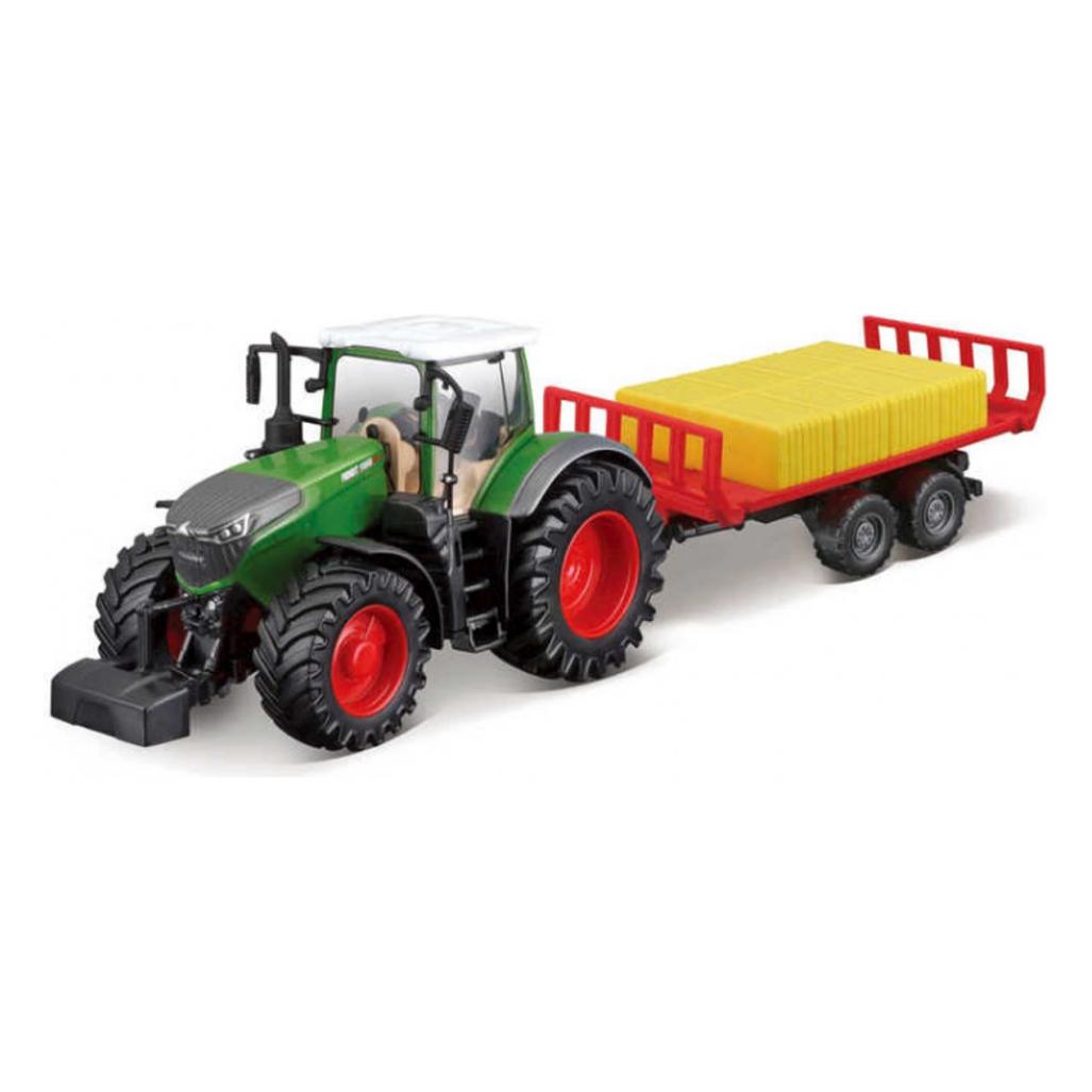 Bburago B18-31674 10CM FENDT 1050 Vario Traktor mit Ballenanhänger, farblich Sortiert (18-31674)
